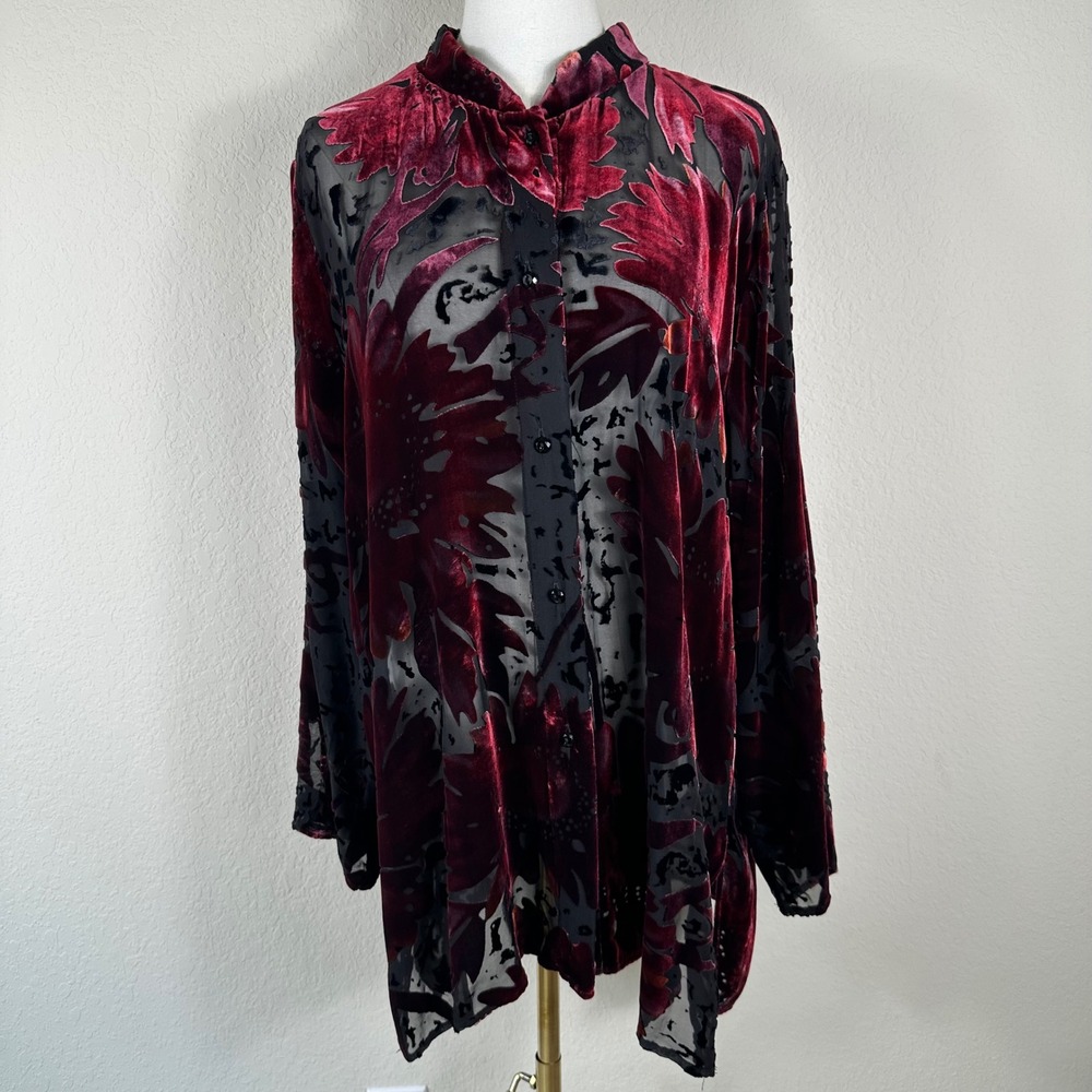 Caroline Rose Shirt Women L Red Silk Blend Burnout Velvet Floral Button Down Top
